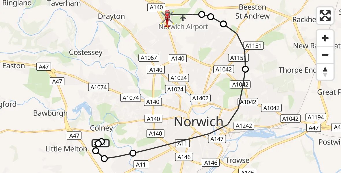 Flight route Air Ambulance Helicopter Norfolk & Norwich Hospital - Norwich Airport, 04 April 2026, 06:32