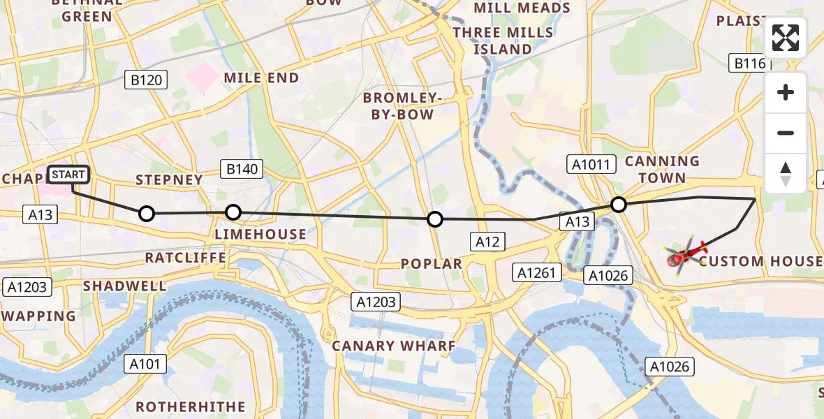 Flight route Air Ambulance Helicopter Royal London Hospital - Canning Town, 04 April 2026, 07:07