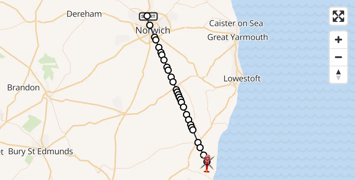 Routekaart van de vlucht: Air Ambulance Helicopter to Leiston, Victory Road