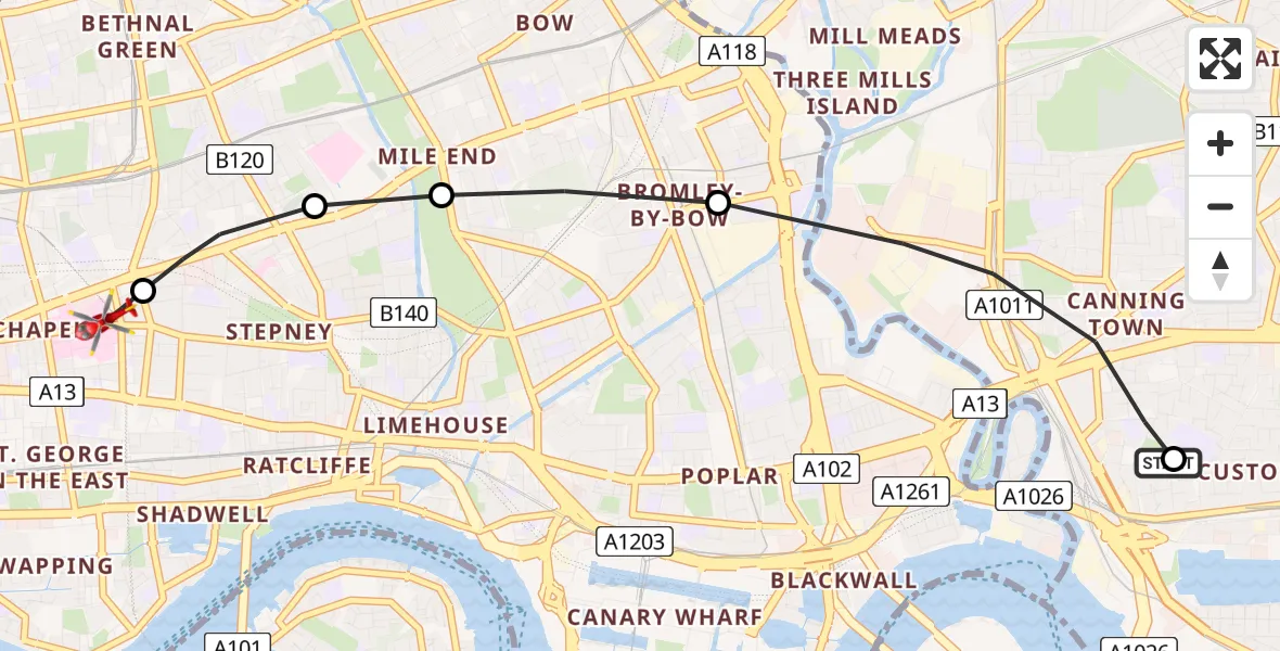 Routekaart van de vlucht: Air Ambulance Helicopter to Royal London Hospital