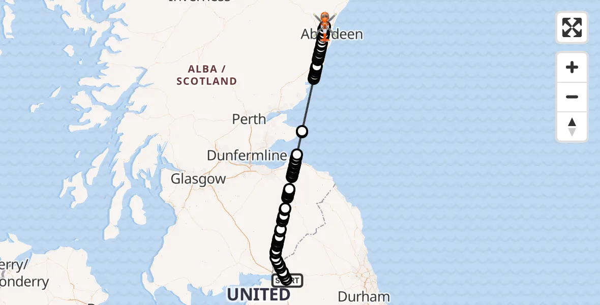 Flight path map showing Coastguard Helicopter route from Carlisle Lake District Airport to Aberdeen International Airport