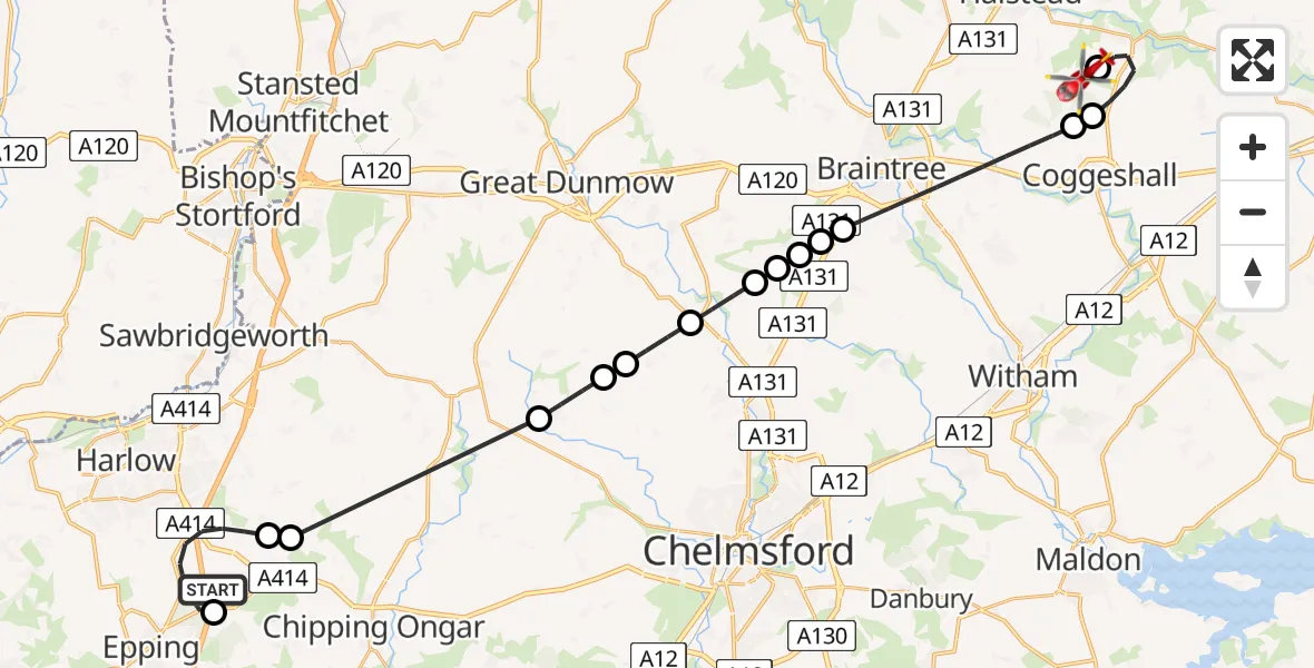 Flight route Air Ambulance Helicopter North Weald Airfield - Earls Colne Airfield, 04 April 2026, 08:45