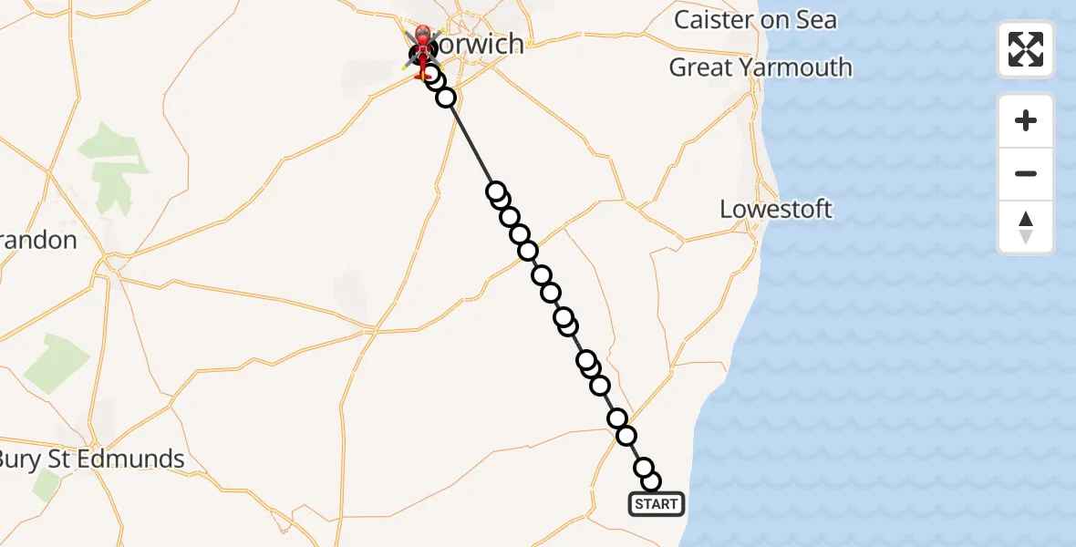 Routekaart van de vlucht: Air Ambulance Helicopter to Norfolk & Norwich Hospital