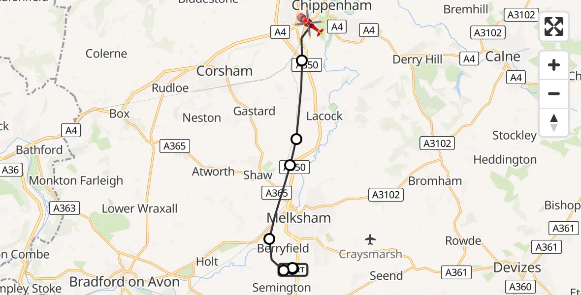 Flight path map showing Air Ambulance Helicopter route from Wiltshire Air Ambulance to Chippenham