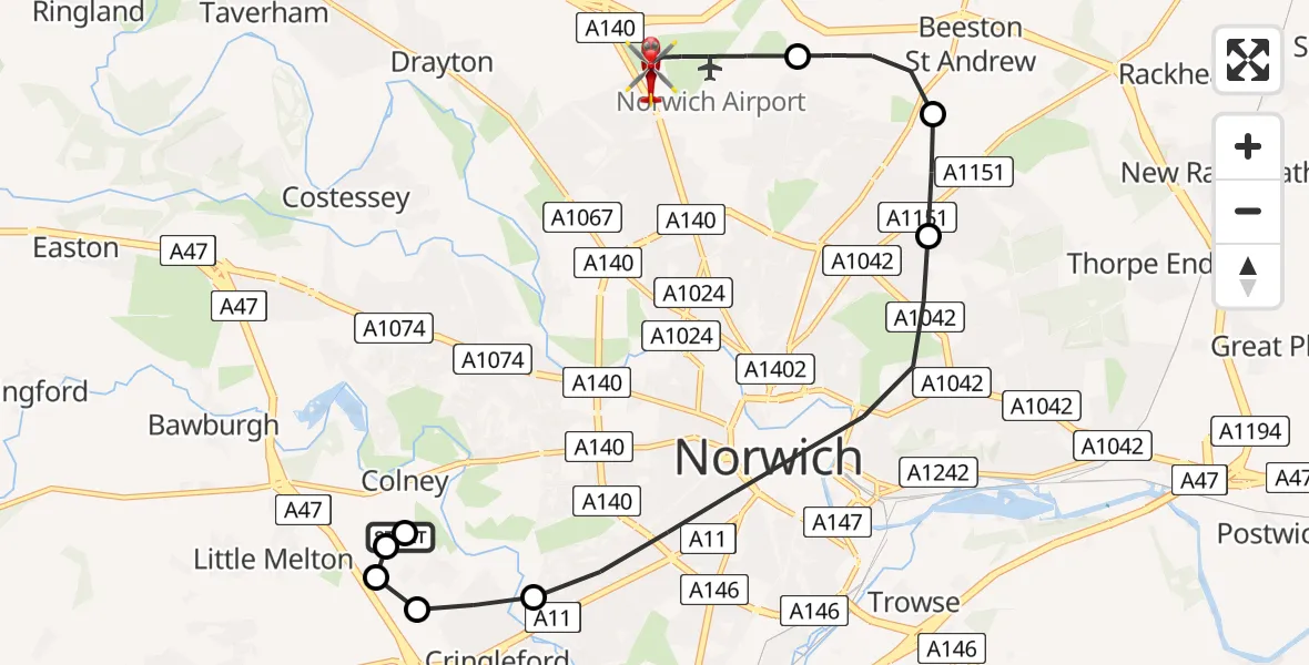 Flight route Air Ambulance Helicopter Norfolk & Norwich Hospital - Norwich Airport, 04 April 2026, 09:03