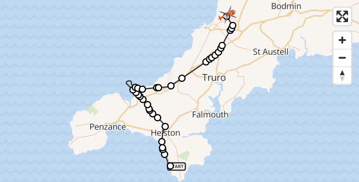 Routekaart van de vlucht: Coastguard Helicopter to Cornwall Airport Newquay