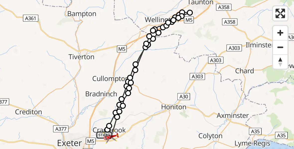 Routekaart van de vlucht: Air Ambulance Helicopter to Rockbeare, Silver Lane