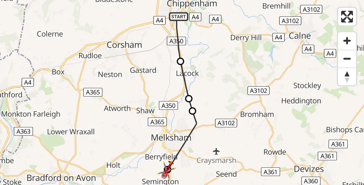 Flight route Air Ambulance Helicopter Chippenham - Wiltshire Air Ambulance, 04 April 2026, 09:52