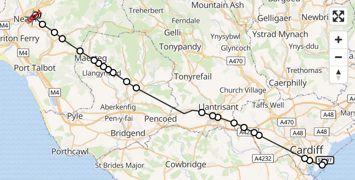 Flight path map showing Air Ambulance Helicopter route from Cardiff Heliport to Neath