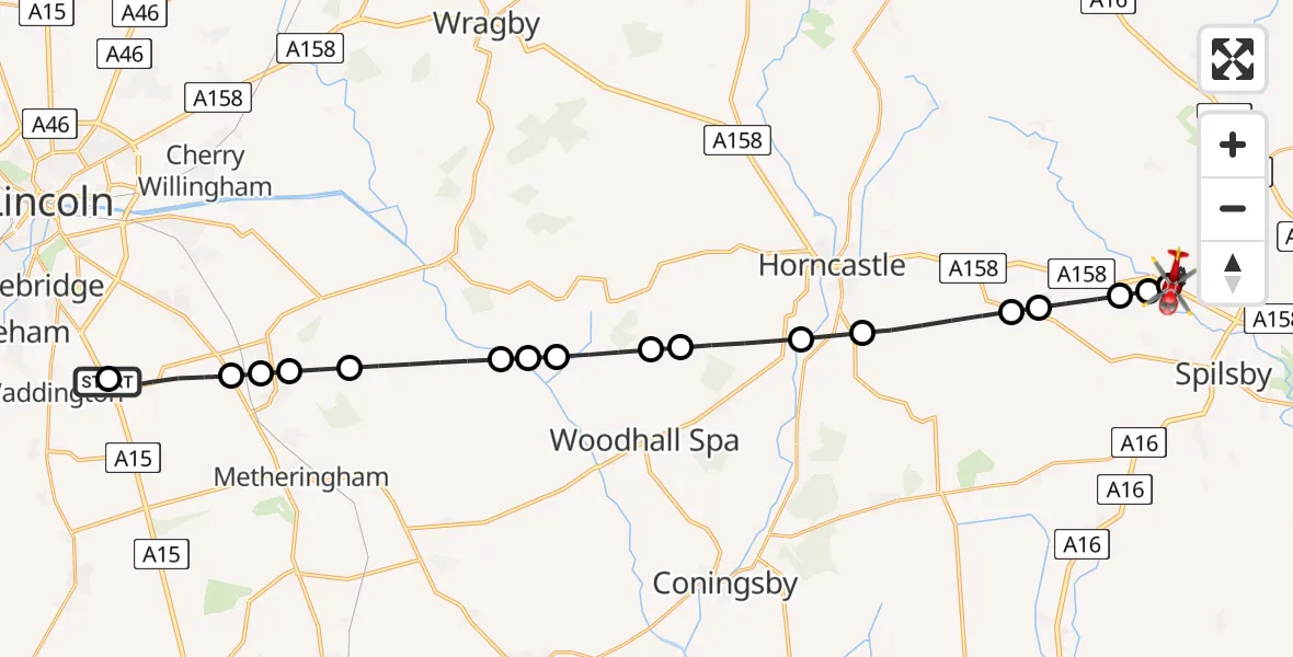Flight route Air Ambulance Helicopter RAF Waddington - East Lindsey, 04 April 2026, 10:16