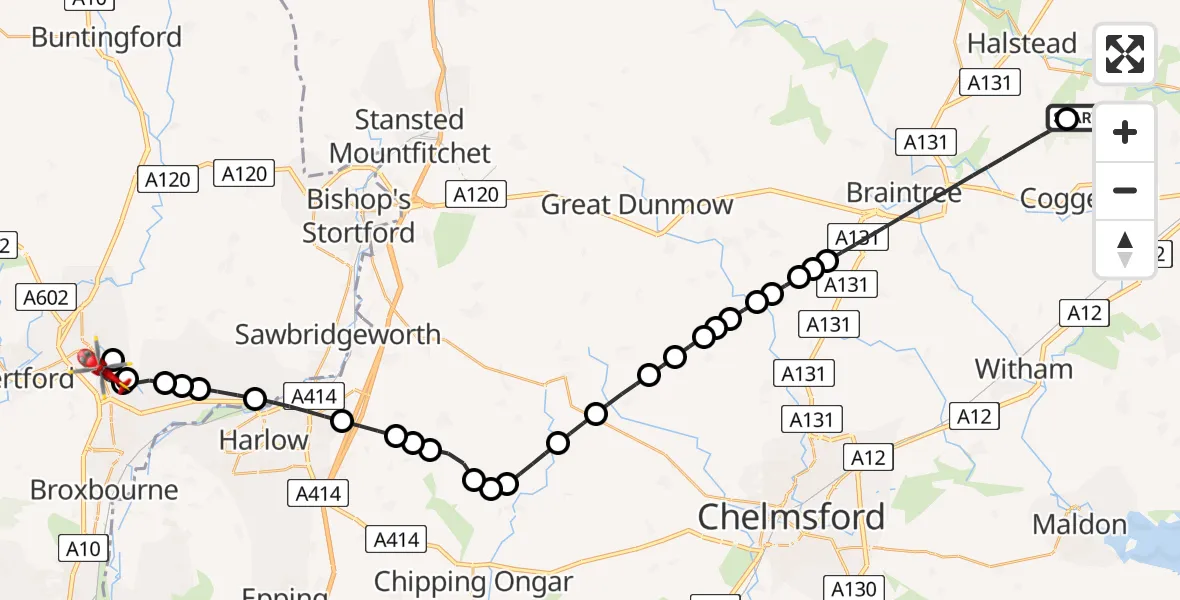 Flight route Air Ambulance Helicopter Earls Colne Airfield - Great Amwell, 04 April 2026, 10:21