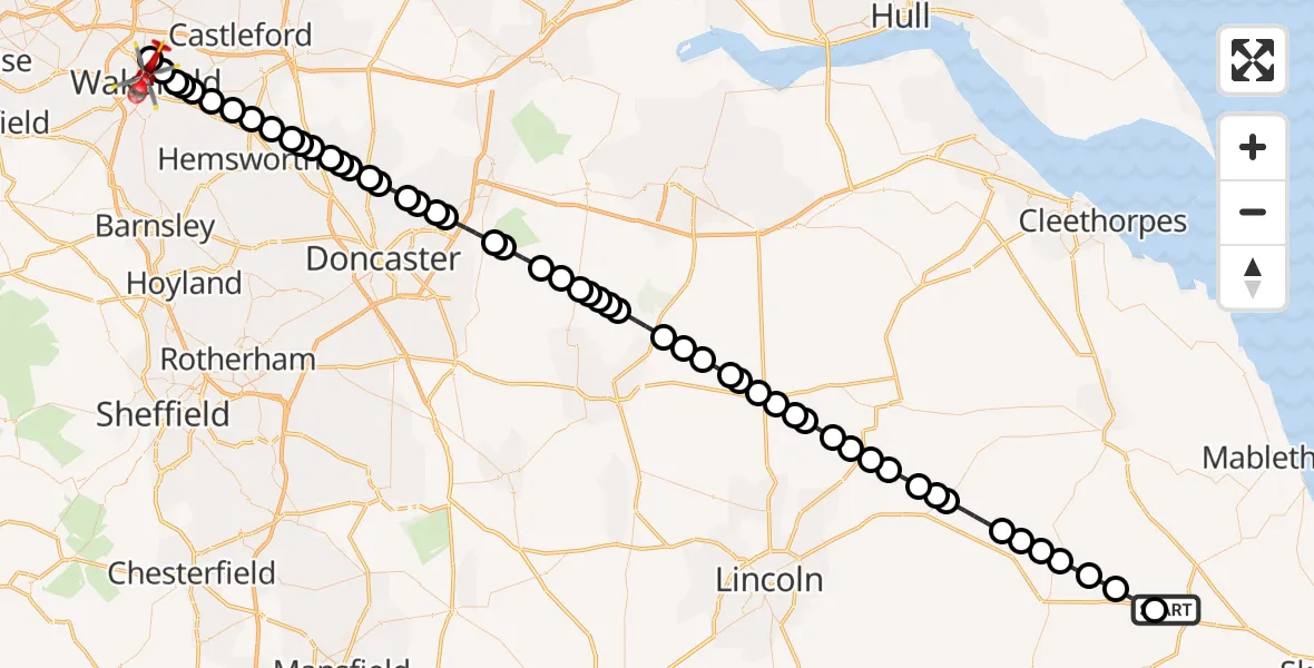Flight path map showing Air Ambulance Helicopter route from East Lindsey to Stanley