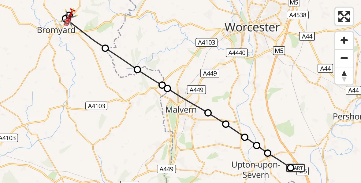 Flight route Air Ambulance Helicopter Hill Croome - Bromyard, 04 April 2026, 11:43