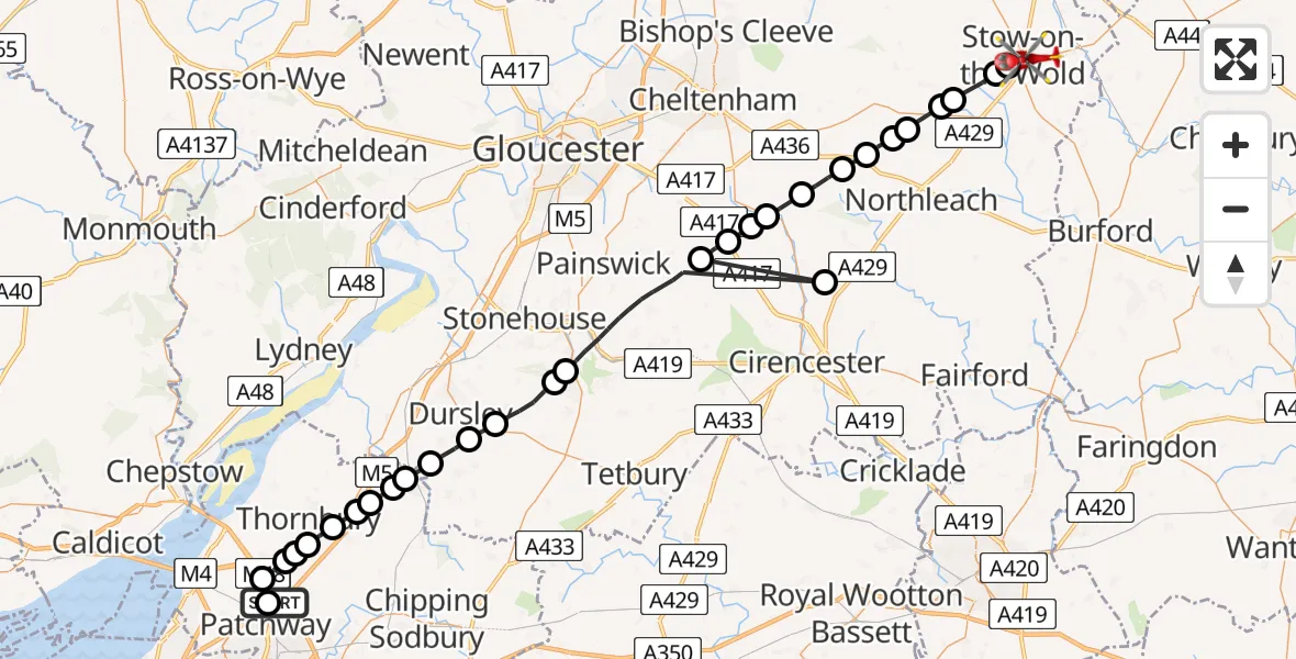 Flight route Air Ambulance Helicopter Almondsbury Helicopter Base - Stow-on-the-Wold, 04 April 2026, 11:45