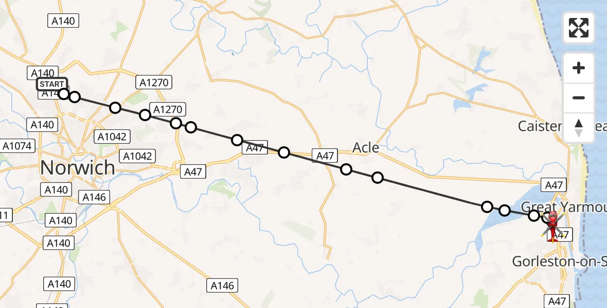 Flight route Air Ambulance Helicopter Norwich Airport - Gorleston-on-Sea, 04 April 2026, 11:49