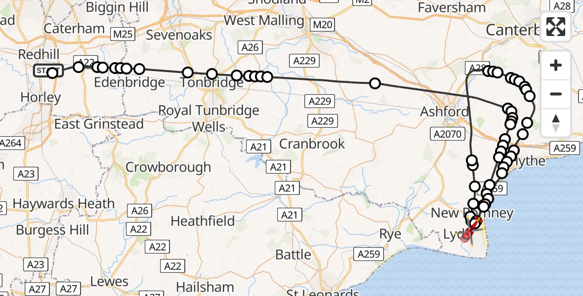 Flight path map showing Air Ambulance Helicopter route from Redhill Aerodrome to Lydd London Ashford Airport