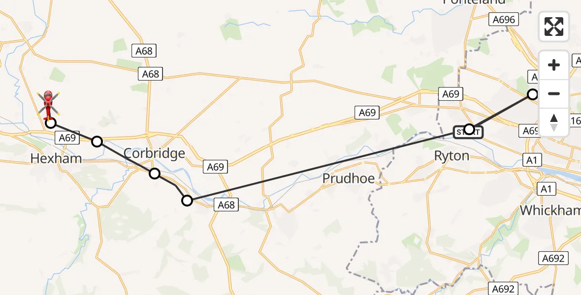 Routekaart van de vlucht: Air Ambulance Helicopter to Acomb, Bishop's Hill
