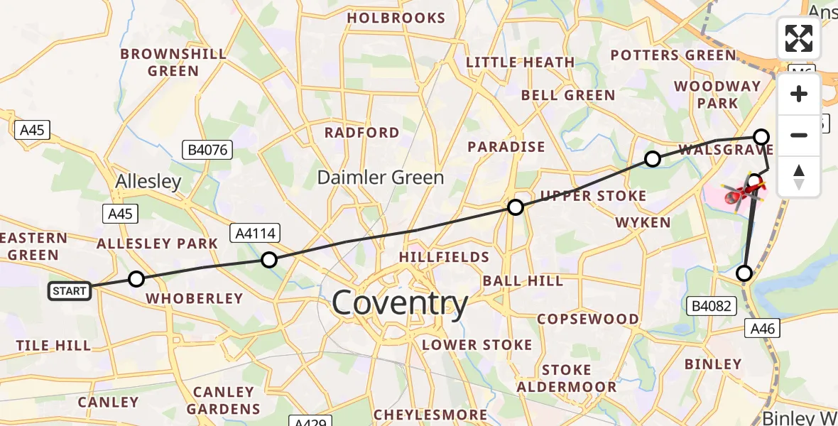 Flight path map showing Air Ambulance Helicopter route from Allesley to University Hospital Coventry