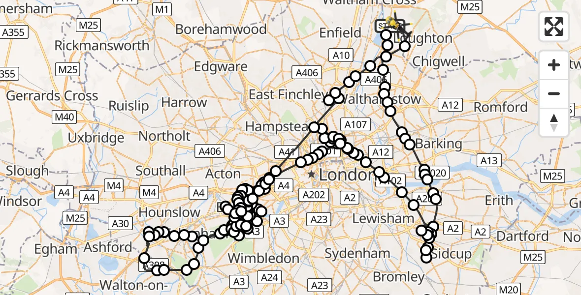 Flight path map showing Police Helicopter route from Epping Forest to Sewardstonebury