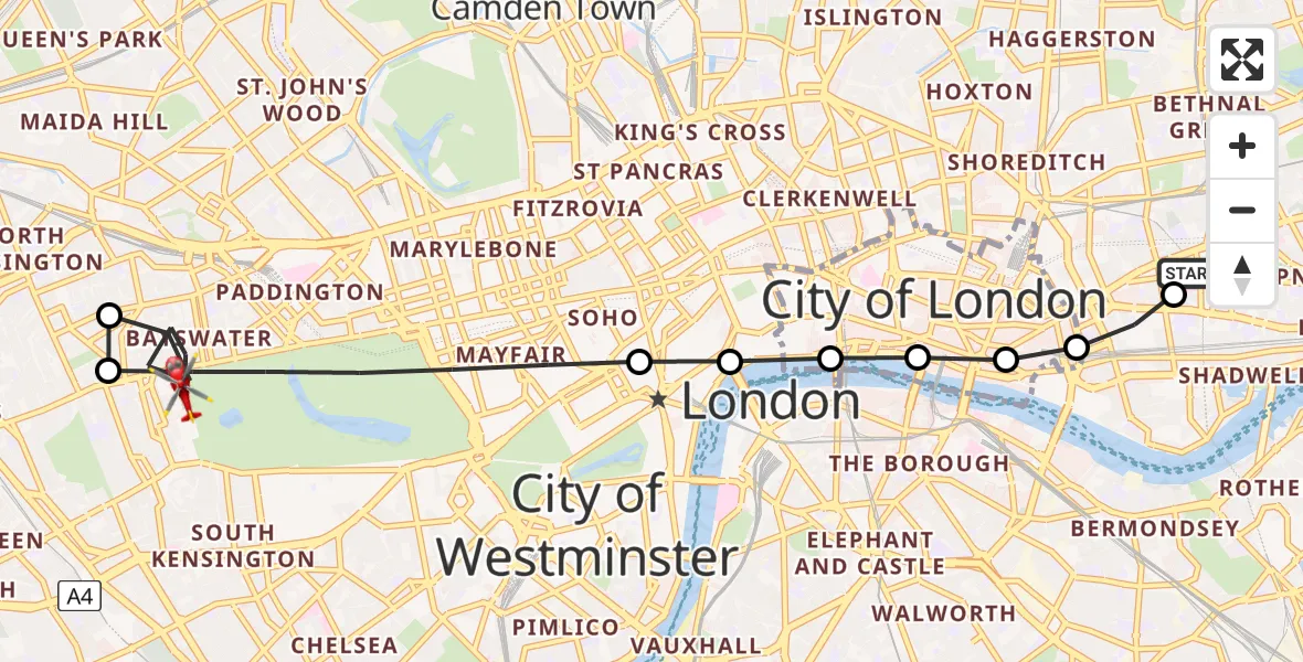 Flight route Air Ambulance Helicopter Royal London Hospital - City of Westminster, 04 April 2026, 12:23