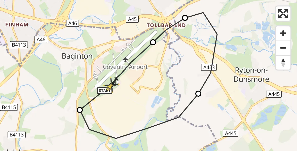 Flight path map showing Police Helicopter route from Coventry Airport to Coventry Airport