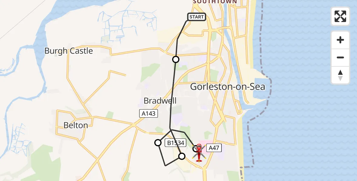 Flight path map showing Air Ambulance Helicopter route from Gorleston-on-Sea to James Paget Hospital