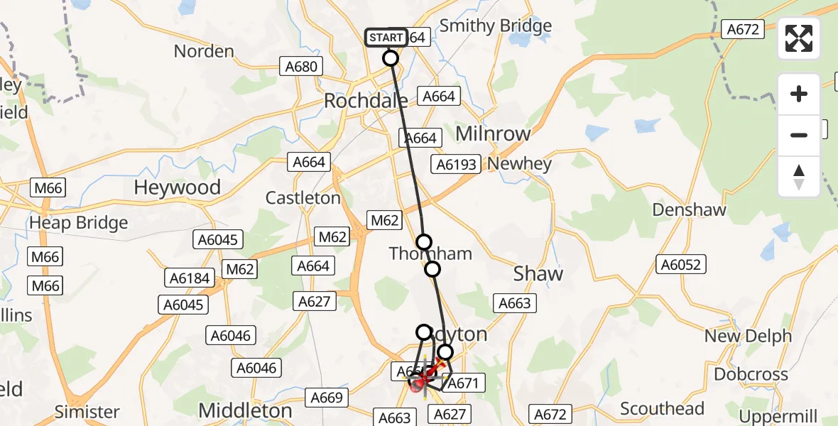 Flight route Air Ambulance Helicopter Milnrow - Chadderton, 04 April 2026, 12:37