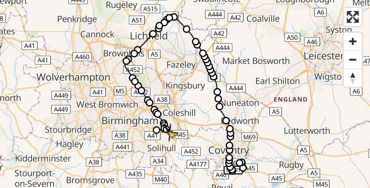 Flight route Police Helicopter Coventry Airport - Birmingham Airport, 04 April 2026, 12:41