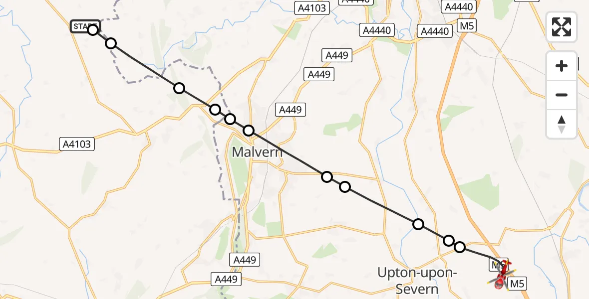 Flight path map showing Air Ambulance Helicopter route from Bromyard to Hill Croome