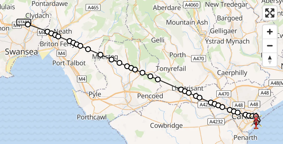 Flight route Air Ambulance Helicopter Morriston Hospital Helipad - Cardiff Heliport, 04 April 2026, 12:44
