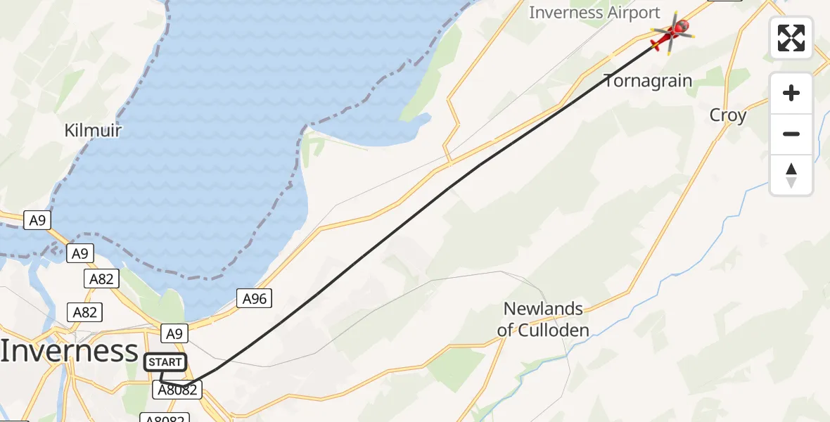 Flight path map showing Air Ambulance Helicopter route from Inverness to Inverness Airport