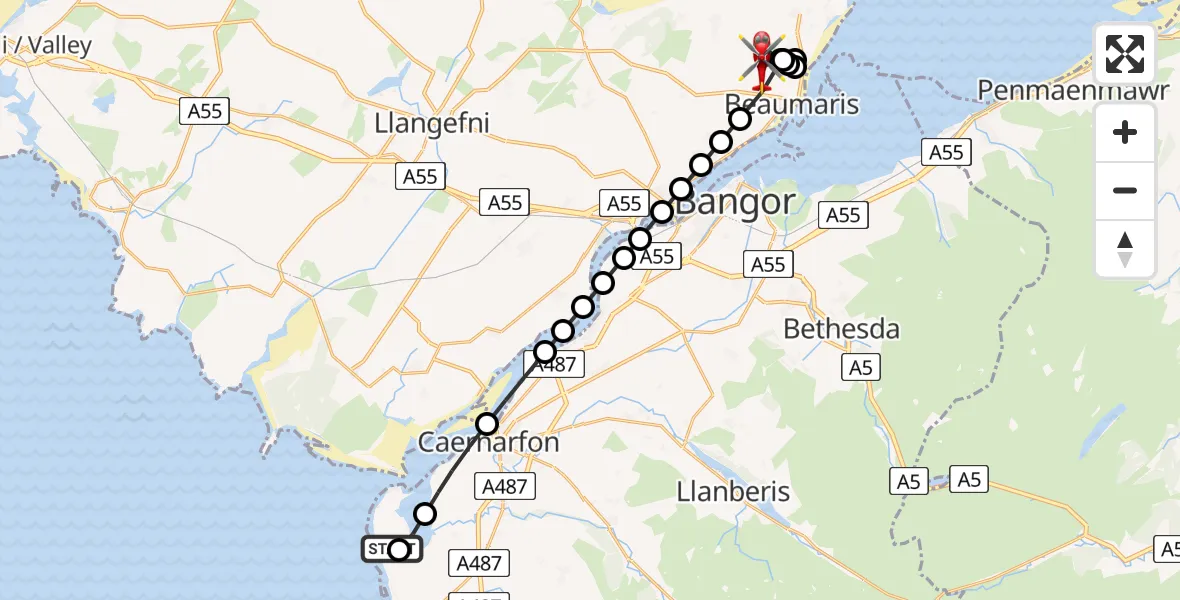 Routekaart van de vlucht: Air Ambulance Helicopter to Llanfaes, Lôn Cae Mawr