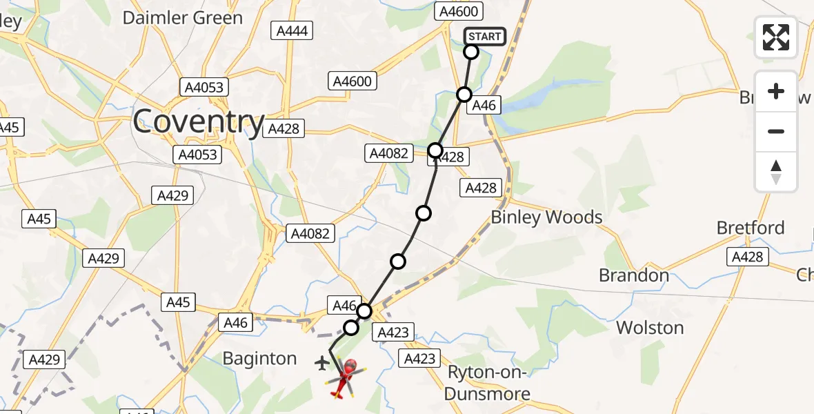 Flight route Air Ambulance Helicopter University Hospital Coventry - Coventry Airport, 04 April 2026, 13:04