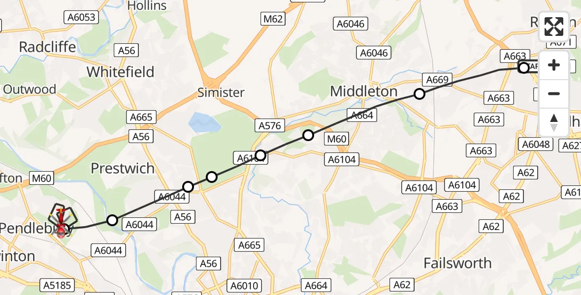 Flight route Air Ambulance Helicopter Royton - Pendlebury, 04 April 2026, 13:23