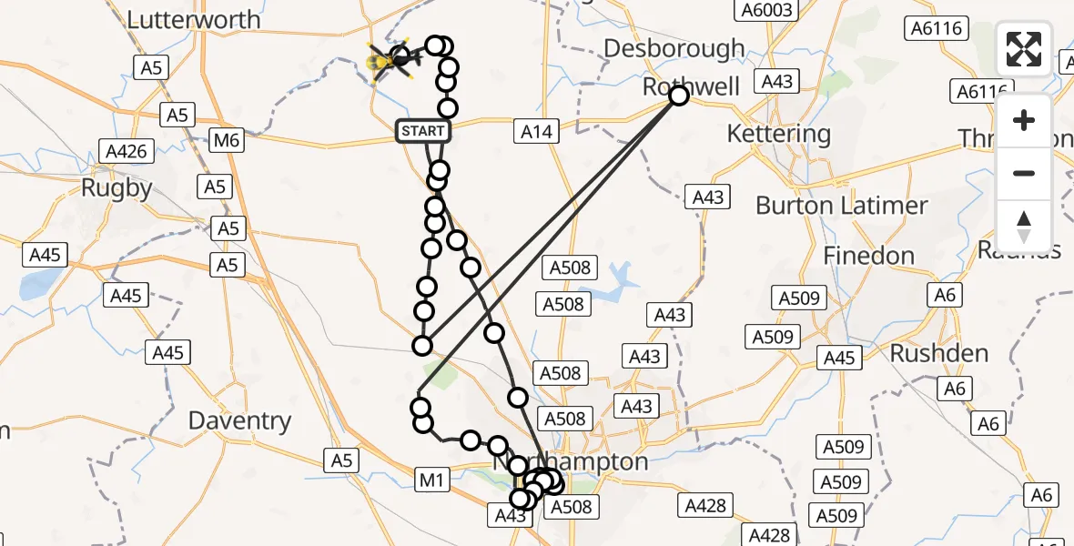 Routekaart van de vlucht: Police Helicopter to Harborough, Sulby Road
