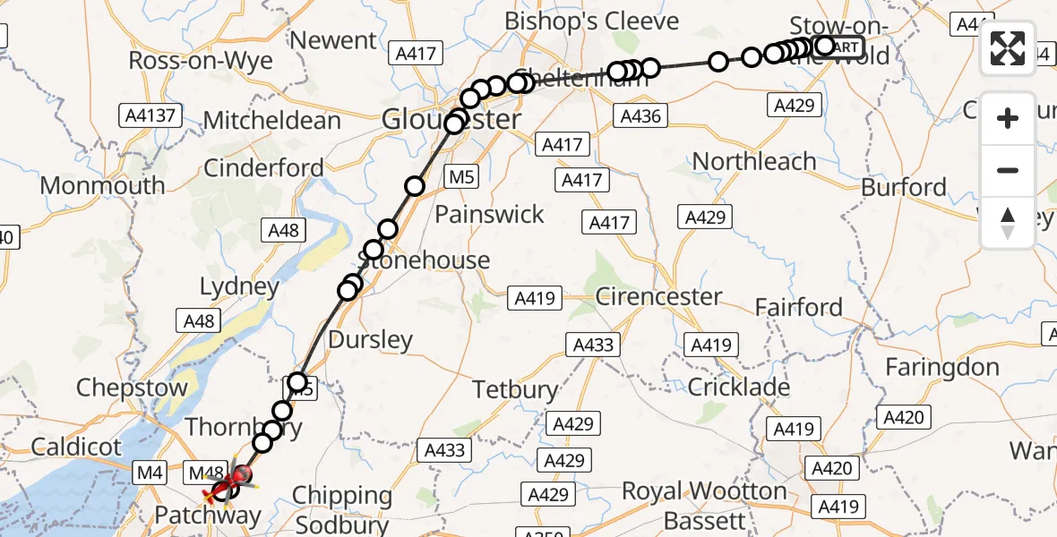 Flight path map showing Air Ambulance Helicopter route from Stow-on-the-Wold to Bristol