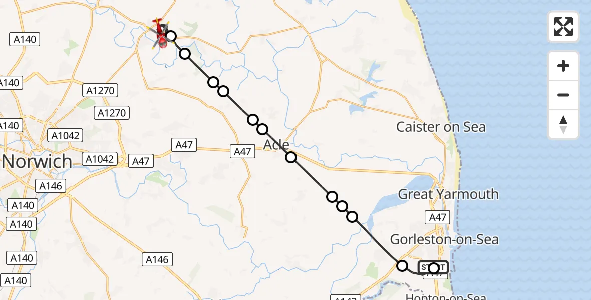 Flight route Air Ambulance Helicopter James Paget Hospital - Hoveton, 04 April 2026, 13:29