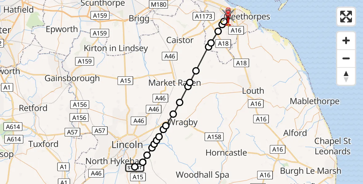 Flight route Air Ambulance Helicopter RAF Waddington - Grimsby, 04 April 2026, 13:32