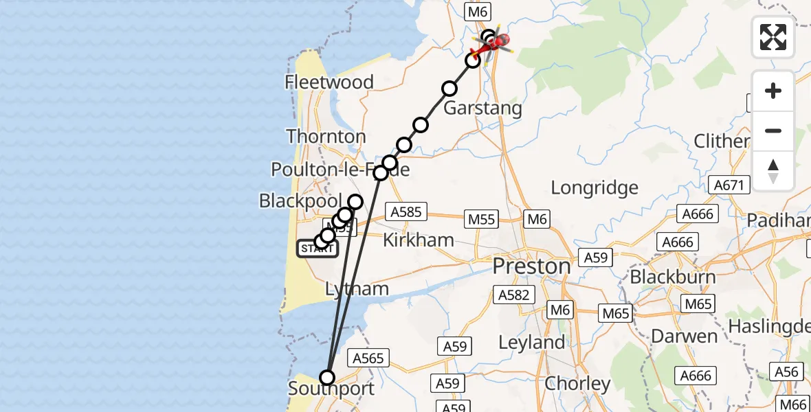Flight route Air Ambulance Helicopter Blackpool Airport - Forton, 04 April 2026, 13:33