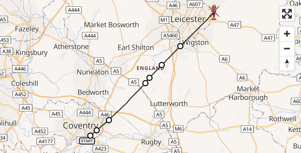 Flight route Air Ambulance Helicopter Tollbar End - Scraptoft, 04 April 2026, 13:44