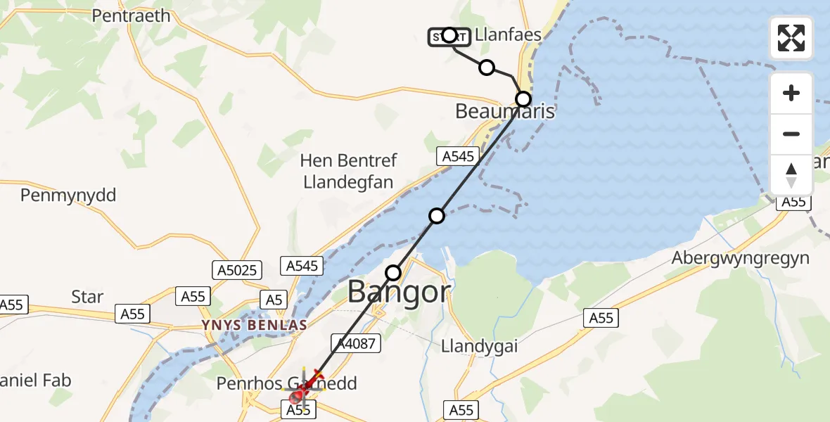 Routekaart van de vlucht: Air Ambulance Helicopter to Ysbyty Gwynedd Hospital Heliport