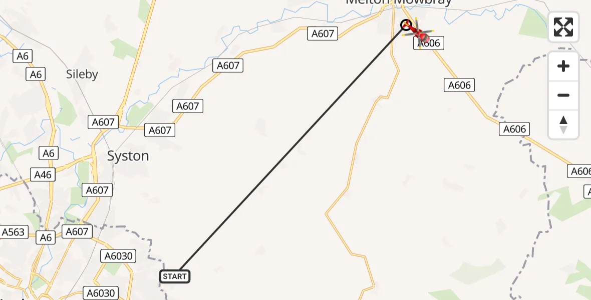 Routekaart van de vlucht: Air Ambulance Helicopter to Burton Lazars, Burton Road