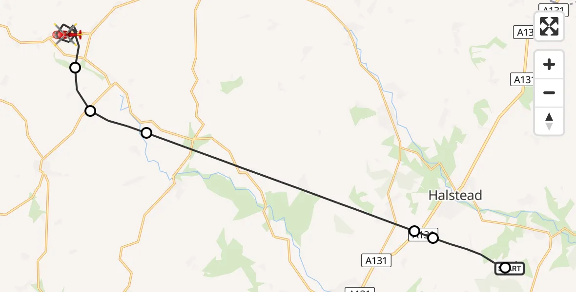 Flight route Air Ambulance Helicopter Earls Colne Airfield - Hempstead, 04 April 2026, 13:56