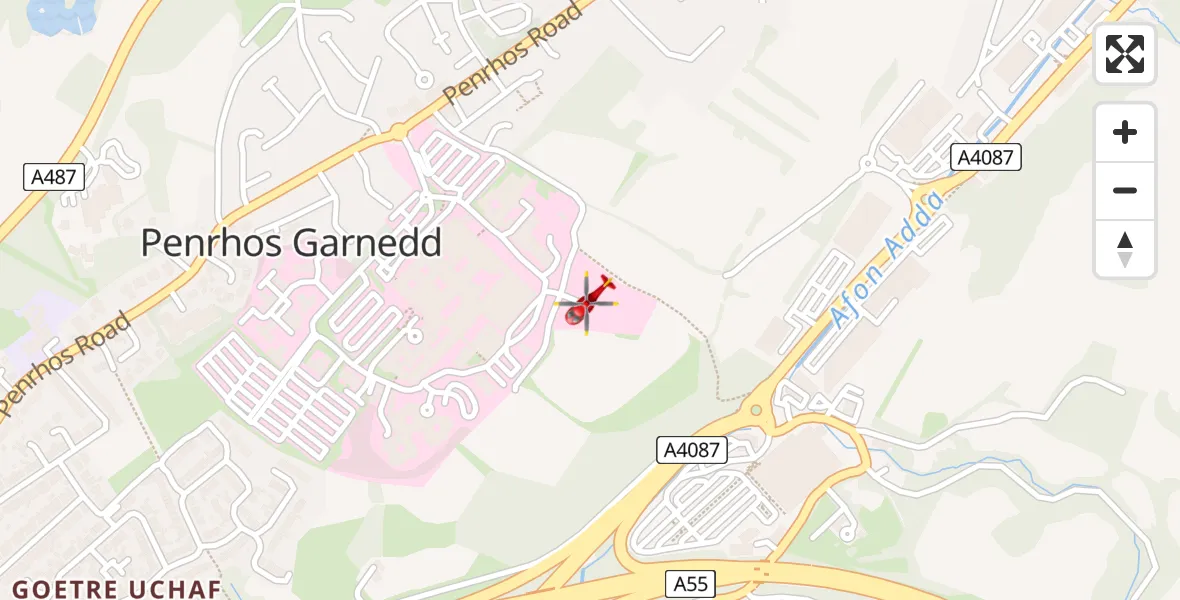 Flight route Air Ambulance Helicopter Ysbyty Gwynedd Hospital Heliport - Ysbyty Gwynedd Hospital Heliport, 04 April 2026, 13:59