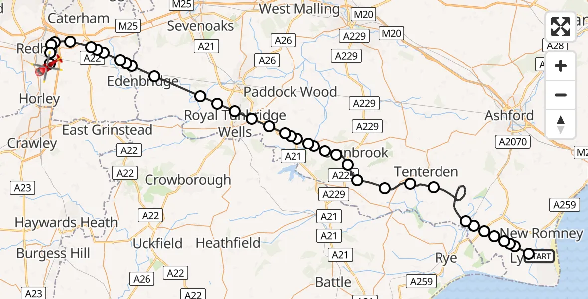Flight route Air Ambulance Helicopter Lydd London Ashford Airport - Redhill Aerodrome, 04 April 2026, 14:00