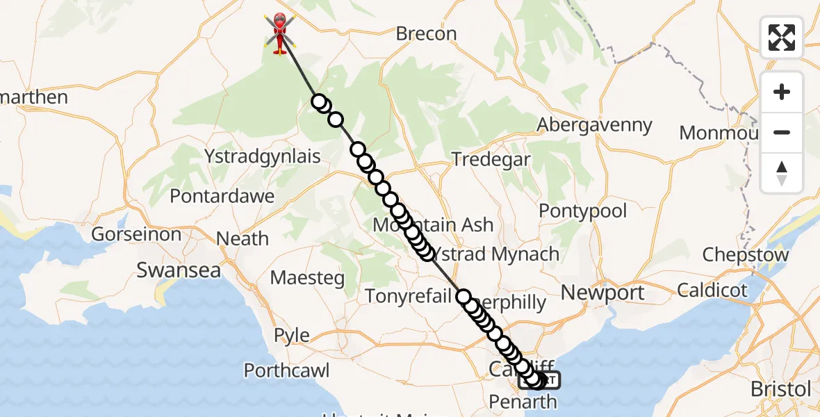 Flight route Air Ambulance Helicopter Cardiff Heliport - Usk Reservoir, 04 April 2026, 14:04