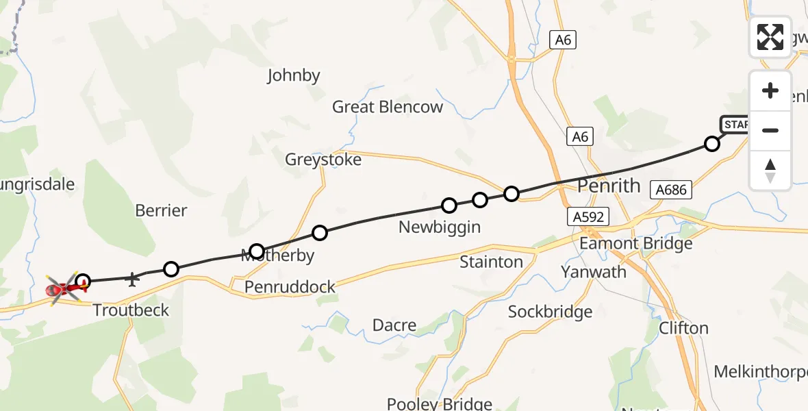 Routekaart van de vlucht: Air Ambulance Helicopter to Mungrisdale, A66