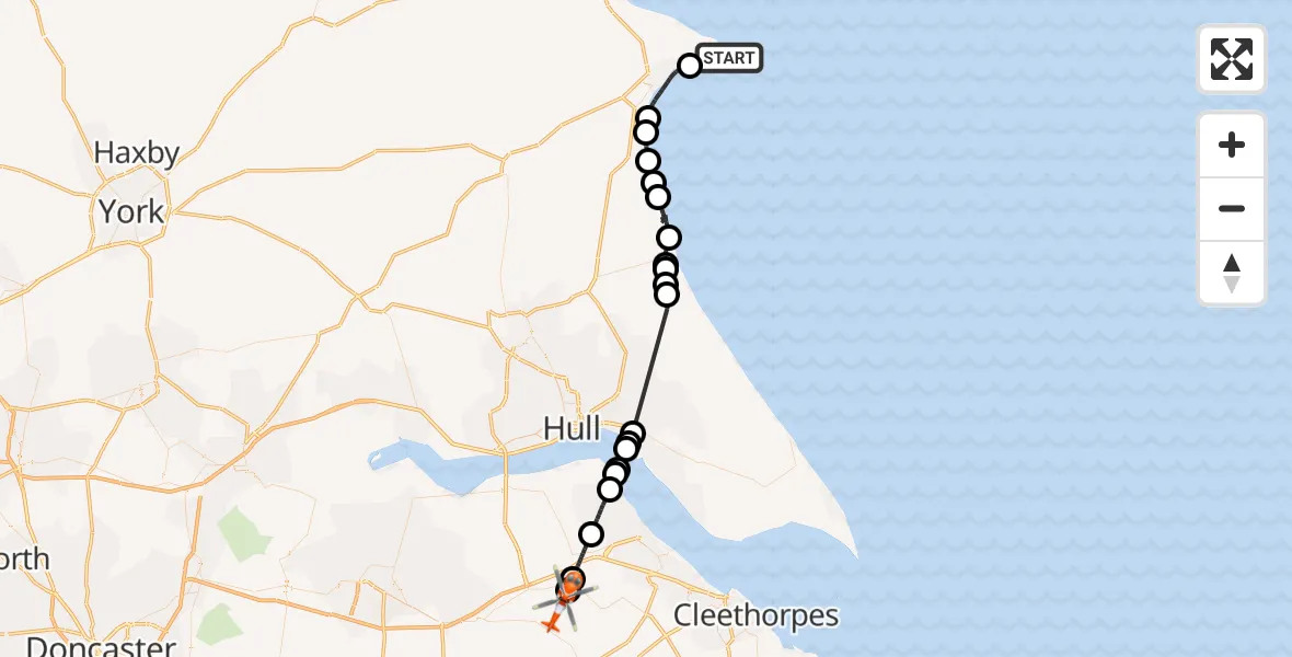 Flight path map showing Coastguard Helicopter route from Flamborough to Humberside Airport
