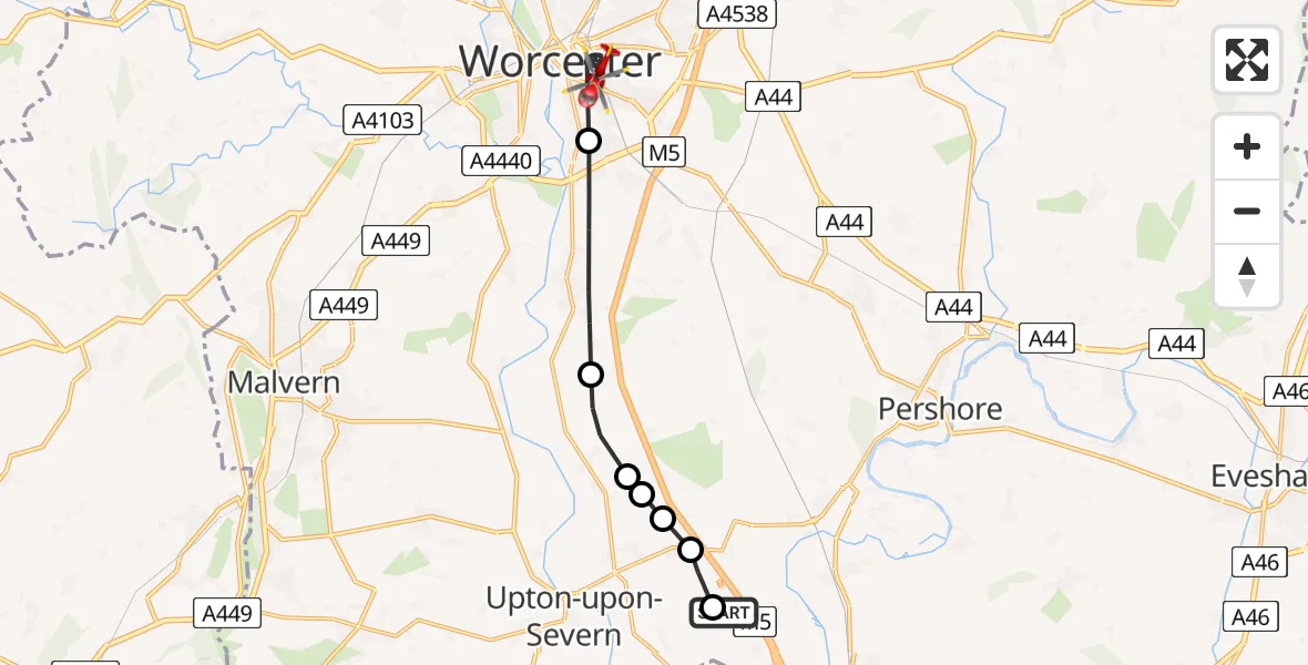 Flight route Air Ambulance Helicopter Hill Croome - Worcester, 04 April 2026, 14:39