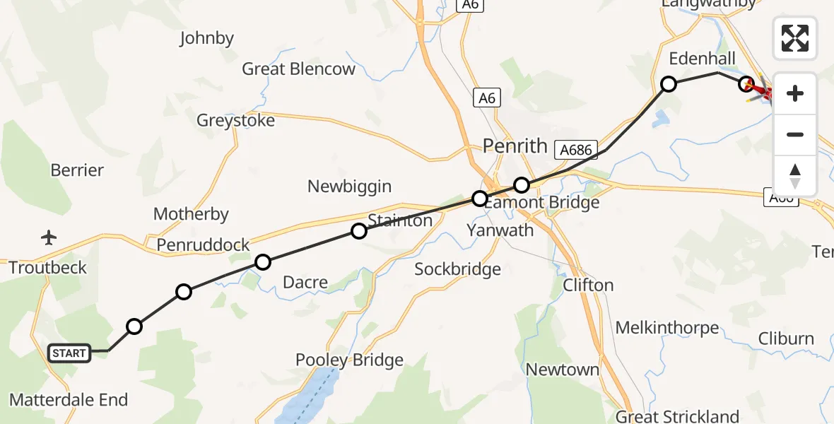 Routekaart van de vlucht: Air Ambulance Helicopter to Langwathby, B6412